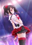  1girl ass black_hair black_legwear blush bow finger_to_mouth fingerless_gloves frills from_behind gloves hair_bow hiyori long_hair looking_at_viewer looking_back love_live!_school_idol_project open_mouth red_eyes shushing skirt solo thighhighs twintails wink yazawa_nico 