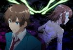  blue_eyes braid brown_hair green_eyes hair_ornament hairclip looking_back mototenn necktie sashinami_shouko short_hair skirt tokishima_haruto valvrave 