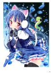  1girl absurdres animal_ears black_legwear blue_hair cat_ears cat_tail earmuffs frilled_skirt headphones highres himeka_(pairon) japanese_clothes kamiya_maneki kimono mittens momoiro_taisen_pairon petals ribbon skirt snake tagme tail tail_ribbon thigh-highs violet_eyes 