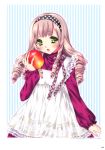  1girl absurdres apple blush dress drill_hair food fruit green_eyes headband highres kamiya_maneki long_sleeves pink_hair tagme twin_drills 