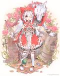  1girl brown_eyes detached_sleeves dress flower hat hat_with_ears hood lamp little_red_riding_hood long_sleeves open_mouth original pink_rose polearm red_dress rose silver_hair smile solo thigh-highs weapon white_legwear wide_sleeves wink wolf zettai_ryouiki 