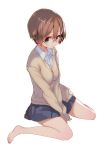  1girl barefoot blue_eyes blush brown_hair copyright_request glasses highres looking_at_viewer school_uniform shirabi_(life-is-free) short_hair simple_background sitting skirt sleeves_past_wrists solo sweater wariza white_background 