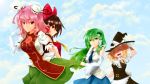  4girls :o apron arm_up bandages blonde_hair blouse blue_sky bow braid breasts brown_hair closed_eyes clouds detached_sleeves flower frog_hair_ornament gohei green_hair hair_bow hair_ornament hair_ribbon hair_tubes hakurei_reimu hand_on_hat hat hat_ribbon high_collar highres ibaraki_kasen kirisame_marisa kochiya_sanae long_hair looking_at_viewer multiple_girls necktie open_mouth parted_lips pink_eyes pink_hair pink_rose red_eyes ribbon rose short_hair side_glance single_braid skirt skirt_set sky smile snake star tabard touhou tsukidaruma waist_apron witch_hat 