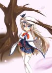  1girl blue_eyes cape cherry_blossoms hat highres karakura little_busters!! long_hair noumi_kudryavka petals school_uniform silver thigh-highs tree 