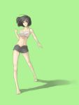  1girl bare_shoulders barefoot black_eyes black_hair clenched_hand expressionless green_background highres koharu_nosuke navel open_fly original shadow short_hair shorts simple_background solo sports_bra standing unzipped 