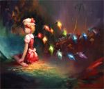  1girl ankle_grab barefoot blonde_hair bovod flandre_scarlet gradient gradient_background hat hat_ribbon light_particles looking_at_viewer no_mouth oil_painting_(medium) puffy_short_sleeves puffy_sleeves ribbon short_hair short_sleeves sitting skirt skirt_set solo touhou traditional_media wariza wings 