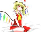  &gt;:o 1girl :o annoyed ascot blonde_hair blush bow flandre_scarlet frills hat hat_bow head_tilt highres low_wings mob_cap red_eyes s-ghost short_hair side_ponytail simple_background sitting skirt skirt_set slit_pupils socks solo touhou v_arms wariza white_background wings 