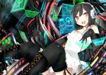  1girl absurdres bare_shoulders black_hair black_legwear blush boots dress elbow_gloves floating_screen gloves headphones headset highres looking_at_viewer nmaaaaa open_mouth original red_eyes short_hair smile solo thigh-highs 