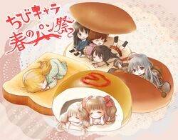  blonde_hair brown_hair closed_eyes futaba_anzu idolmaster idolmaster_cinderella_girls ketchup long_hair lying moroboshi_kirari mushroom pajamas sandwich silver_hair sitting skirt sleeping socks toast twintails 