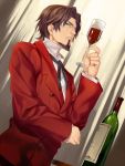  1boy blue_eyes brown_hair cup facial_hair fate/zero fate_(series) formal goatee hullabaloo solo suit toosaka_tokiomi wine wine_glass 