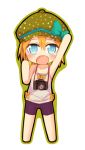  1girl arm_up blue_eyes camera chibi flat_chest hat ico_(green_bullet) looking_at_viewer open_mouth orange_hair original simple_background solo white_background 