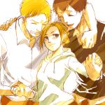  1girl 2boys annie_leonhardt blonde_hair brown_hair casual closed_eyes eko2216 friends grin holding_hands laughing marco_bodt multiple_boys reiner_braun shingeki_no_kyojin smile 