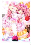  absurdres bad_hands copyright_request curly_hair dress drill_hair food fruit garters highres in_food kamiya_maneki kneehighs lolita_fashion long_hair looking_at_viewer lying macaron nail_art nail_polish on_back pink_eyes pink_hair ribbon scan socks strawberry sweet_lolita thigh-highs twintails white_legwear 