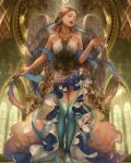  angel_wings bare_shoulders braid brown_hair church closed_eyes hair_ornament highres long_hair mermaid monster_girl official_art pearl roe_(d-c_-b) scales stained_glass standing tenkuu_no_crystalia twin_braids very_long_hair watermark window wings 