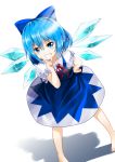  1girl barefoot blue_eyes blue_hair bow cirno dress hair_bow hand_on_hip highres leaning_forward looking_at_viewer lzi_th open_mouth ribbon short_hair simple_background smile solo touhou wings 