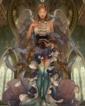  angel_wings bare_shoulders book braid brown_hair church closed_eyes cravat highres long_hair mermaid monster_girl official_art roe_(d-c_-b) scales stained_glass standing tenkuu_no_crystalia twin_braids very_long_hair watermark window wings 