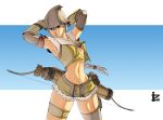  1girl arrow bow_(weapon) braid breasts elbow_gloves gloves hat highres irving-zero long_hair midriff navel pouch quiver ragnarok_online red_eyes short_shorts shorts silver_hair single_braid single_thighhigh sniper_(ragnarok_online) solo thigh-highs thigh_strap weapon 