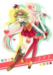  2girls :d akiyoshi_(tama-pete) argyle argyle_legwear blonde_hair blue_eyes boots braid dress flower garters gloves goggles goggles_on_head green_eyes green_hair gumi hair_flower hair_ornament heart holding_hands ia_(vocaloid) knee_boots long_hair multiple_girls open_mouth pantyhose red_legwear short_hair skirt smile very_long_hair vocaloid wrist_cuffs 