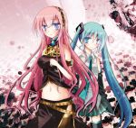  2girls aqua_eyes aqua_hair belt blue_eyes detached_sleeves hatsune_miku insuto long_hair megurine_luka multiple_girls navel necktie pink_hair skirt thigh-highs twintails very_long_hair vocaloid 