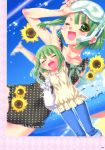  1girl ;d absurdres arms_up casual_one-piece_swimsuit character_request copyright_request flower goggles green_eyes green_hair highres kamiya_maneki one-piece_swimsuit pants polka_dot polka_dot_swimsuit snorkel sunflower swimsuit tagme zoom_layer |d 
