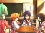  5girls chalkboard glasses iwasaki_minami juice_box kobayakawa_yutaka lucky_star multiple_girls patricia_martin school_desk school_uniform serafuku suno-pi tamura_hiyori wakase_izumi 