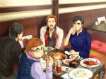  1girl 3boys black_hair brown_hair character_request eating food glasses hair_bun hana_(ryuu_ga_gotoku) kiryuu_kazuma looking_at_viewer meat multiple_boys plump ryuu_ga_gotoku shinope shirt sports_jacket 