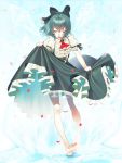  1girl adapted_costume ascot bare_legs barefoot blue_dress blue_eyes blue_hair bow cirno dress dress_lift hair_bow ice ice_wings ogino_(oginogino) open_mouth petals puffy_sleeves shirt short_sleeves solo touhou wings 