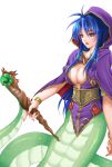  1girl blue_eyes blue_hair bracelet breath_of_fire breath_of_fire_i breath_of_fire_ii breath_of_fire_iii deis highres hood jewelry lamia long_hair simple_background smile solo staff wari_(tyutyuna) white_background 