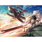  2boys battleship blonde_hair blue_eyes blue_hair clouds goggles highres hug multiple_boys original short_hair sky sunlight sword weapon zuppon 