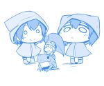  3girls chibi fairy_(kantai_collection) frog hiryuu_(kantai_collection) kantai_collection leaf_umbrella monochrome multiple_girls rain_poncho raincoat riding shishigami_(sunagimo) souryuu_(kantai_collection) younger 