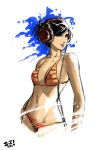  1girl bikini breasts headphones highres irving-zero lipstick makeup navel original rough short_hair solo striped striped_bikini striped_swimsuit swimsuit 