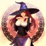  1girl bare_shoulders breasts brown_hair cleavage detached_sleeves dragon&#039;s_crown dress funako hat hat_over_one_eye highres large_breasts long_hair red_eyes side_slit solo sorceress_(dragon&#039;s_crown) strapless_dress witch_hat 