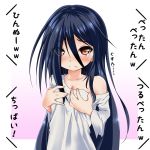  1girl :&lt; azumawari_(azumofu) black_hair blush breast_hold collarbone hair_over_one_eye long_hair off_shoulder red_eyes simple_background small_breasts solo tears the_ring translation_request white_background yamamura_sadako 