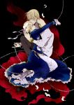  1boy 1girl blonde_hair blue_eyes chain dress fate/zero fate_(series) gilgamesh jewelry kai28 necklace red_eyes saber 