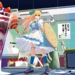  1girl apron blonde_hair blue_dress blue_eyes breasts cake candy chair chupa_chups cookie cup dress food fruit hair_ornament kitchen large_breasts lollipop long_hair maid masao minigirl original polearm pot puffy_sleeves shield shirt short_sleeves sign solo strawberry teacup teapot upskirt waist_apron weapon 