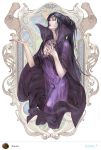  1girl art_nouveau black_hair cape character_name dieselburns dress hair_ornament hands jewelry karla_(record_of_lodoss_war) lipstick makeup necklace official_art ponytail pose purple_dress record_of_lodoss_war witch 