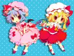  2girls blonde_hair blue_hair chibi flandre_scarlet hat multiple_girls outstretched_arms red_eyes remilia_scarlet shadow short_hair skirt_hold spread_arms touhou yugake_(mrnmrm) 