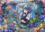  1girl blue_eyes blue_hair dlkdhy fish flower hatsune_miku long_hair rain school_uniform serafuku skirt solo squatting twintails umbrella very_long_hair vocaloid 