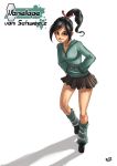  1girl black_hair breasts brown_eyes candy candy_cane character_name hands_in_pockets highres hoodie irving-zero leg_warmers long_hair miniskirt ponytail skirt smile solo striped striped_legwear thighs vanellope_von_schweetz wreck-it_ralph 