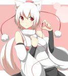  1girl animal_ears blush breasts detached_sleeves earphones earphones_removed gauntlets hat highres inubashiri_momiji large_breasts looking_at_viewer mii pink_background pink_eyes shirt short_hair silver_hair skirt smile solo tail tokin_hat touhou wide_sleeves wolf_ears wolf_tail 
