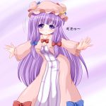  1girl :&lt; blush breasts cleavage crescent hair_ribbon hat long_hair mukyuu outstretched_arms patchouli_knowledge purple_hair ribbon riku_(rikkuru) solo touhou very_long_hair violet_eyes 