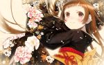  1girl blush brown_eyes brown_hair floral_print from_above hime_cut japanese_clothes kimono long_hair lying okari on_side original smile solo 