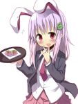  1girl amaa_(chou_dennou_jidai) animal_ears blush food hair_ornament hand_to_own_mouth long_hair long_sleeves looking_at_viewer mochi necktie open_clothes open_jacket open_mouth pleated_skirt purple_hair rabbit_ears reisen_udongein_inaba shirt simple_background skirt smile solo touhou tray violet_eyes wagashi white_background 