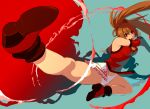  1girl bare_shoulders biomechanoid boots brown_eyes brown_hair china_dress chinese_clothes detached_sleeves guilty_gear hair_ornament hair_ring kicking kuradoberi_jam long_hair open_mouth panties skirt solo twintails underwear very_long_hair 