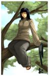  1girl 2009 barefoot_sandals black_hair blue_eyes breasts downcast_eyes flip-flops highres hyuuga_hinata in_tree irving-zero large_breasts long_hair long_skirt naruto naruto_shippuuden sandals sitting sitting_in_tree skirt solo sweater tree 