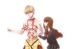  1boy 1girl armor backlighting blonde_hair brown_eyes brown_hair couple fate/extra_ccc fate_(series) female_protagonist_(fate/extra) gilgamesh jewelry long_hair necklace red_eyes school_uniform serafuku tachiyue tattoo 