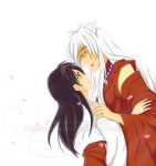  1boy 1girl animal_ears artist_request black_hair brown_eyes couple dog_ears hand_on_shoulder heart heart_of_string hetero higurashi_kagome inuyasha inuyasha_(character) japanese_clothes jewelry miko necklace petals red_string string watermark white_background white_hair yellow_eyes 