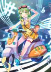  1girl :d adjusting_goggles arm_up bag cross-laced_footwear gloves goggles goggles_on_head green_eyes green_hair gumi jin_young-in looking_at_viewer moped musical_note open_mouth short_hair sitting sleeveless smile solo thigh_strap vocaloid 