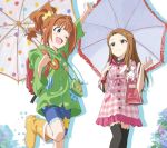  2girls arm_up backpack bag black_legwear blue_eyes brown_hair doll frown idolmaster minase_iori multiple_girls open_mouth purse rubber_boots smile standing_on_one_leg takatsuki_yayoi thigh-highs twintails umbrella violet_eyes wink 