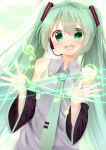  1girl ahoge alza blush character_name detached_sleeves green_eyes green_hair hatsune_miku headset long_hair musical_note necktie open_mouth solo twintails very_long_hair vocaloid 